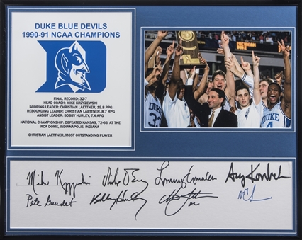 1990-91 Duke Blue Devils National Champions Team Signed Cut With 8 Signatures & Photo In 16x20 Framed Display Featuring Laettner, Hurley & Krzyzewski (JSA)